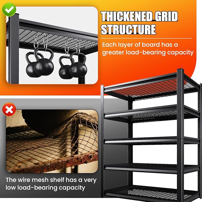 Large Garage Shelving, 5-Tier Garage Storage Shelves 3000LBS Heavy Duty Shelving Unit, Adjustable Steel Metal Shelving, Wire Shelves for Garag, Utility Rack Shelf for Basement, 72 ”H×46”W×20.1”D