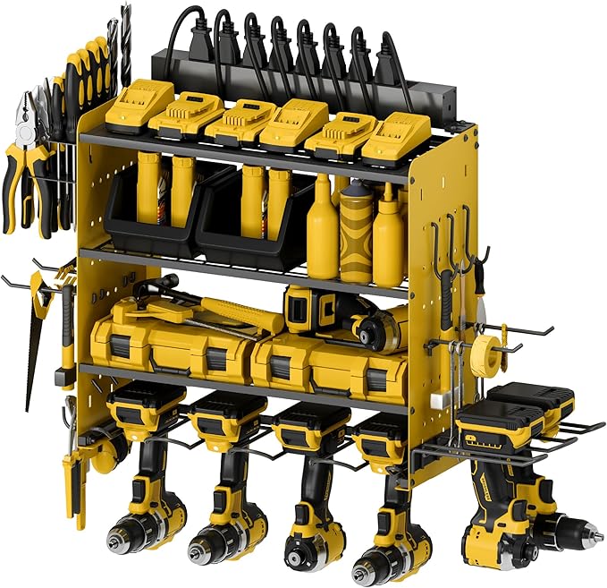 Power Tool Organizer with Charging Station, 4 Layers Garage Storage Rack with 6 Drill Holders, Father's Days Gift For Dad, Wall Mount Garage Organizer Built in 8 Outlets Power Strip, Yellow