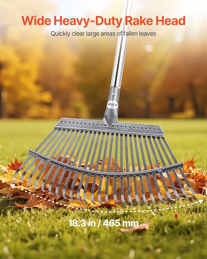 VEVOR Leaf Rake, 25 Metal Tines, Adjustable Garden Rake for Lawns with 18.3 Inch Wide Head & 36.4-72.8 Inch Long Handle, Heavy Duty Stainless Steel Small Leaves Tool for Gardening Camping Yard Grass