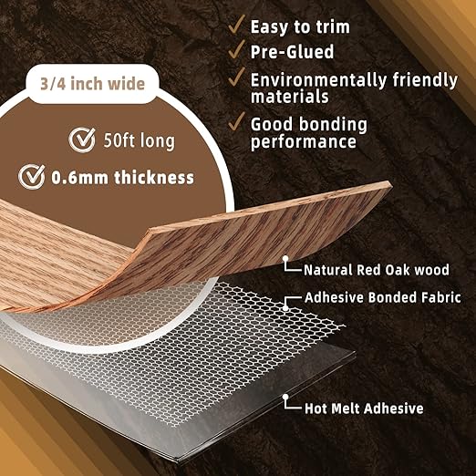 GSCIT Club Red Oak Edge Banding, 3/4 inch x 50ft roll of Veneer Edge Banding Pre-glued Flexible, Wood Tape for Cabinet Repair Furniture