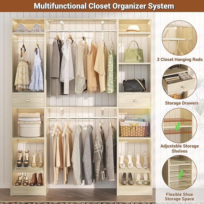 Unikito 58" W - 90" W Closet System, Large Walk in Closet Organizer with 3 Hanging Rods and Shelves, Heavy Duty Wood Closet Wardrobe with 2 Drawers and Shoe Rack, Reversible Clothing Rack, White Oak