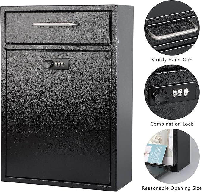 KYODOLED Steel Combination Lock Mail Boxes Outdoor, Locking Wall Mount Mailbox,Security Lock Drop Box, Collection Boxes,16.2H x 11.22L x 4.72W Inches, Black X Large