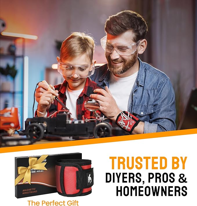 HiRui Magnetic Wristband for Tools – Ultra-Strong 15 Neodymium Magnets Hold Screws, Nails & Bits, Dual Pockets – Hands‑Free for DIY, Home Repairs, Auto – Gift‑Ready for Dad, Husband, Grandpa (Red)