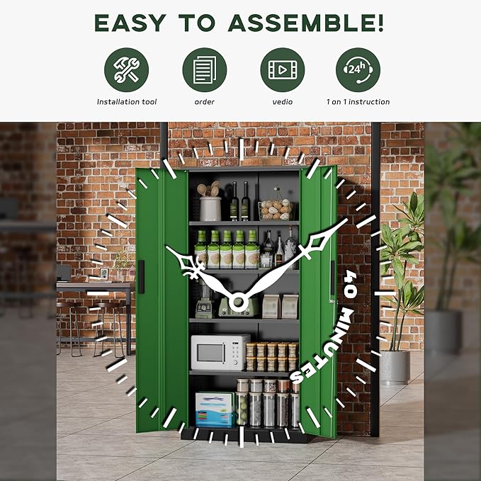 Greenvelly Metal Garage Storage Cabinet, 72" Black Green Tool Steel Locking Cabinet with Doors and 4 Shelves, Tall Cabinets for Garage Storage Systems Lockable File Cabinet for Home Office,Garage