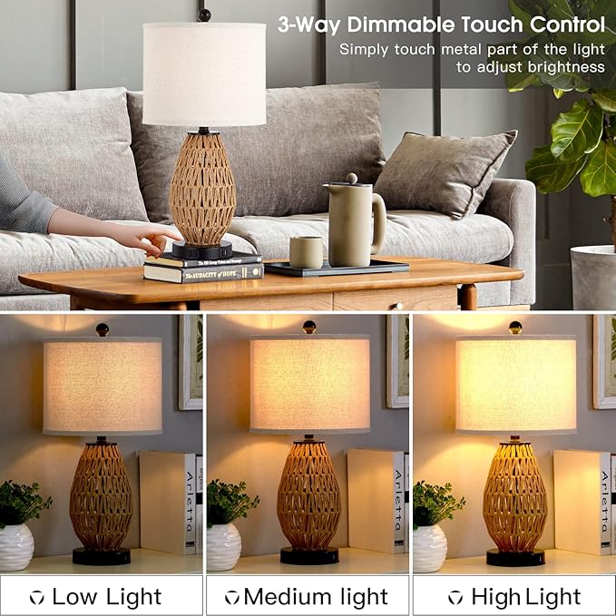 Touch Control Rattan Table Lamps, 3 Way Dimmable Bedside Lamps for Bedroom with 2 USB Ports and AC Outlet, Wicker Nightstand Lamps for Living Room Home Office (LED Bulbs Included)