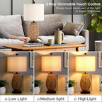 Touch Control Rattan Table Lamps, 3 Way Dimmable Bedside Lamps for Bedroom with 2 USB Ports and AC Outlet, Wicker Nightstand Lamps for Living Room Home Office (LED Bulbs Included)
