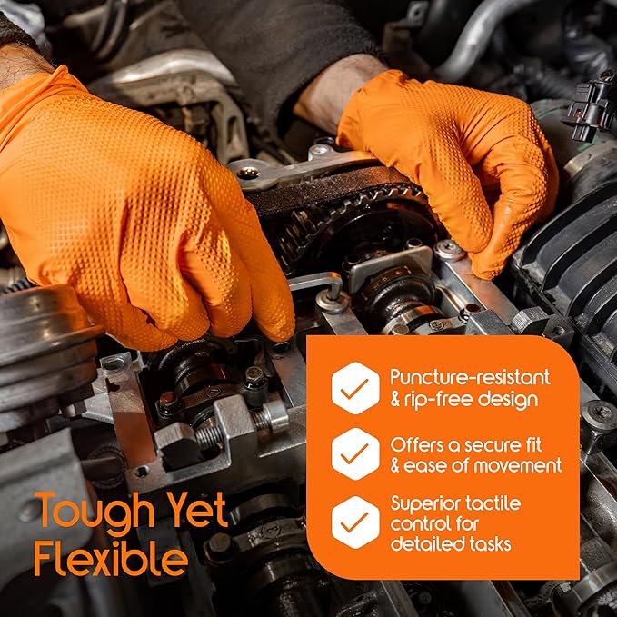 Inspire Heavy Duty Orange Nitrile Disposable Gloves | ULTRA 8 Mil Diamond Textured Grip | Industrial Mechanic Food