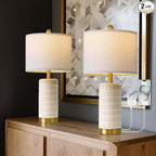 PoKat Small Bedside Table Lamps with USB Ports for Bedroom, 21.5'' White Nightstand Lamps for Night Stands, Modern Ceramic Bedroom Lamps for Living Room End Table, White and Beige