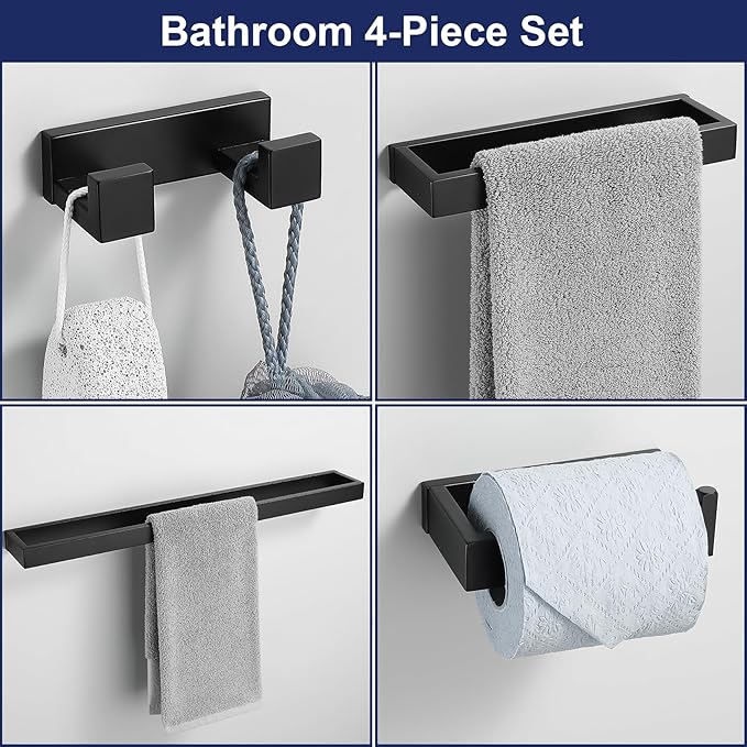 Lairuier 4-Piece Bath Towel Bar Set, Matte Black Bathroom Hardware Set Including Towel Bar,Towel Holder, Toilet Paper Holder, Towel Hook,Stainless Steel Bathroom Hardware Accessories Set