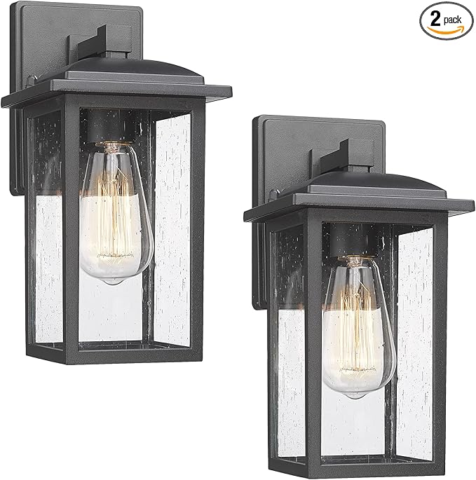 Outdoor Wall Sconces 2 Pack, Exterior Light Lantern Fixtures, Porch Light Lamps Outdoor Wall Mounted in Black Finish with Seeded Glass for House, Garage, Patio, Yard, Garden