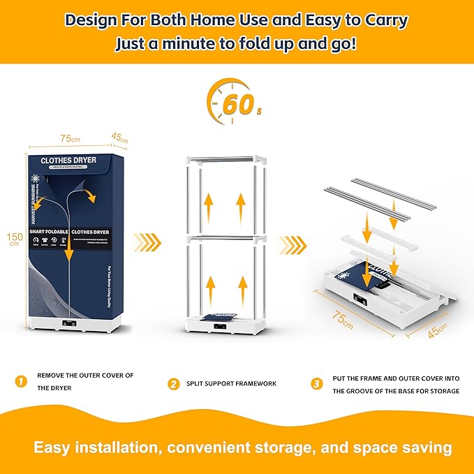 Clothes Dryer, Portable Foldable Drying Machine with Timer, Easy Carry Laundry Drying Wardrobe with Large Capacity, Electric Dryer/Rack for Home | Appartments | RV (Blue DF1)