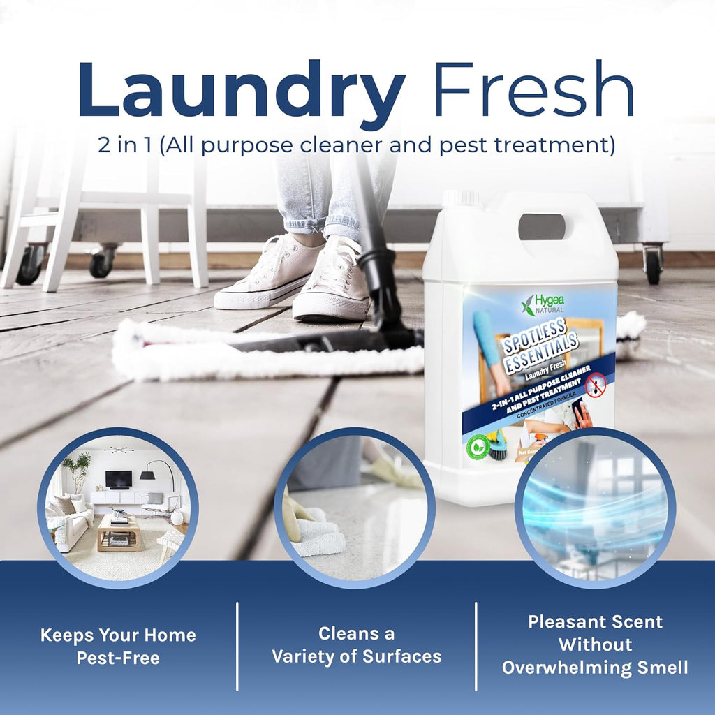 Spotless Essentials-Indoor Pest Control & Surface Cleaner for Home Concentrated Gallon-Eliminates Ant, Dust Mite, Bed Bug, Flea, Bug - Pet and Family Friendly- Laundry Fresh Scent-Makes 16 Gallons