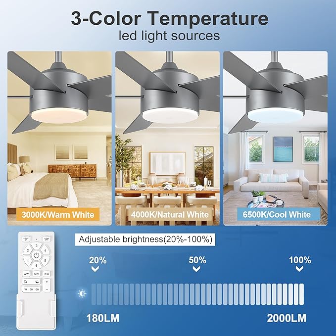 52 inch Ceiling Fans with Lights and Remote Control Silver, Modern Ceiling Fan Dimmable 3 CCT Temperatures 6-Speed, Quiet LED Ceiling Fan for Bedroom, Living Room
