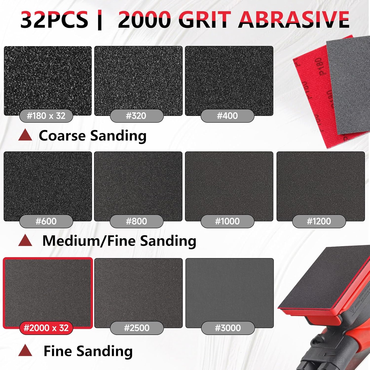 32-Pack 3x4 Inch 2000 Grit Hook & Loop Sanding Sponges - Wet/Dry Foam Pads for Ultra-Fine Surface Polishing on Metal, Automotive & High-Gloss Finishes
