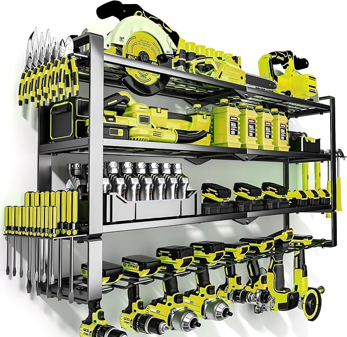 4 Layers Extra Tall Power Tool Organizer Wall Mount Loads 400lbs,Heavy Duty Metal Battery Tool Rack with 8 Cordless Drill Holders,Tool Storage Shelf For Workshop,Garage,Warehouse,Gifts for Men,Husband