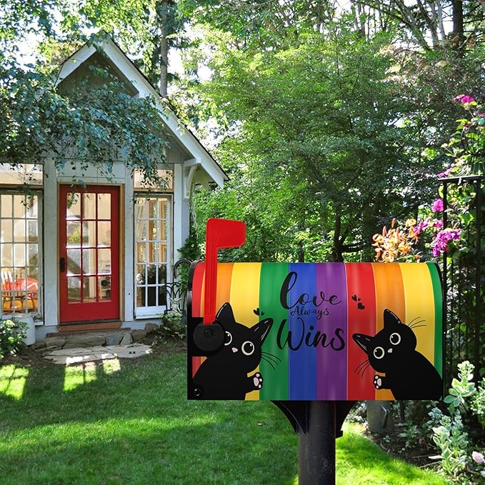 Rainbow Gay Pride Magnetic Mailbox Covers Large Size 21 x 25.5 Inch Black Cat Love Always Wins Mailbox Post Cover Oversized LGBTQ Letter Box Wraps Waterproof Garden Yard Home Decor for Outside