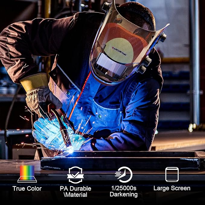 ARCCAPTAIN Auto Darkening Welding Helmet, 3.94"X3.66" Large Viewing Screen True Color Welding Hood with 4 Arc Sensor Solar Powered, Wide Shade 4-5/5-9/9-13 Welding Mask (Denim)