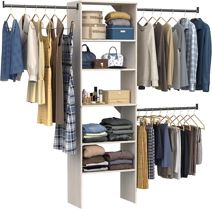 ClosetMaid SuiteSymphony Wood Closet Organizer Kit with Tower, (3) Hang Rods, (5) Shelves (2-Adjustable), Fits Spaces 5-10 ft. Wide, White Timber