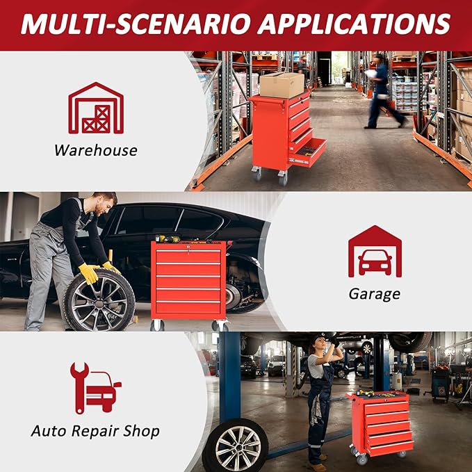 5 Drawers Rolling Tool Chest with Wheels, Portable Rolling Tool Boxes with Wheels, Tool Box Storage Cabinet with Locking System for Garage (RED, 5 Drawers)