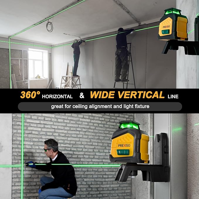PREXISO 360° Laser Level with Tripod, 100Ft Dual Power Self Leveling Cross Line Laser- Wide Angle Vertical Line for Construction, Floor Tile, Renovation with Magnetic Base, Wall Panel Stand, Carry Bag