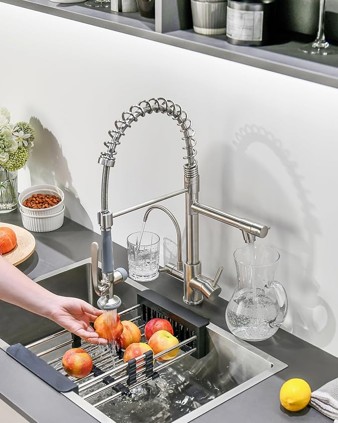 Fapully Commercial 3 Way Kitchen Faucets with Pull Down Sprayer and Water Filler,3 in 1 Kitchen Sink Faucet with Drinking Water Faucet Brushed Nickel