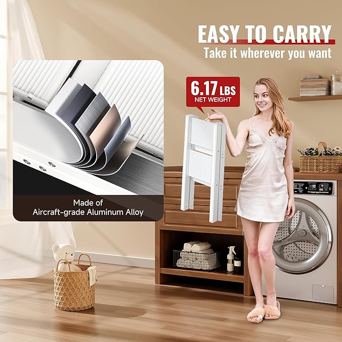 GameGem 2 Step Ladder, Aluminum Folding 2 Step Stool with Anti-Slip Sturdy and Wide Pedal, Lightweight Portable Stepladder for Home and Kitchen Use Space Saving, Cream White, 330 lbs