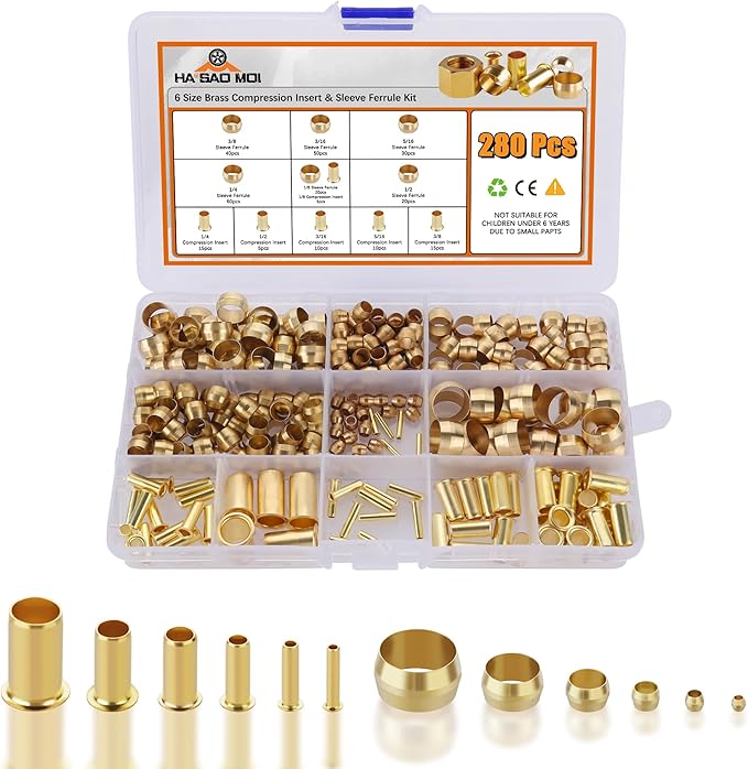 280PCS Compression Fittings Assortment kit - 6 Sizes (1/4", 3/8", 5/16", 1/2", 3/16",1/8") of Brass Compression Sleeve Ferrule & Insert, Connect for Air, Water, Fuel, Oil and Inert Gases