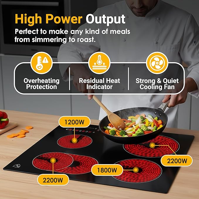 K&H 4 Burner 24 Inch Built-in Electric Stove Top Radiant Ceramic Cooktop SLIDER Touch Control 240V 7200W CE24-7206SL