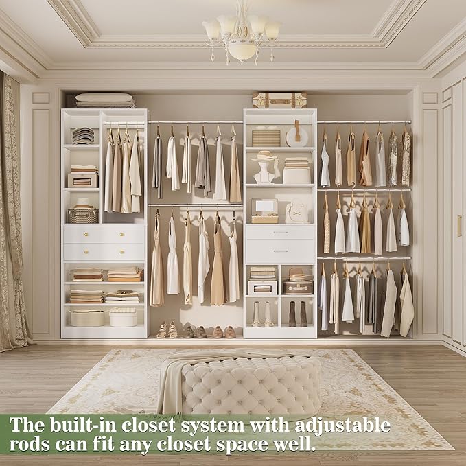 Closet System, Up to 128.6"/10.7 FT Closet Organizer with 4 Wooden Drawers and Shelves, Walk-in Closet System with 6 Hanging Rods, Built-in Closet Can Fit 96"/8FT, 120"/10FT, White