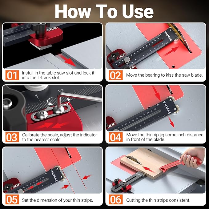 Preciva Thin Rip Jig & Push Stick - Aluminum Alloy Table Saw Jig for Repetitive Narrow Strip Cutting, Fast, Accurate Guide for Table Saws, Band Saws, Routers, Fits 3/8" x 3/4" & 1/4" x 3/8" T-slot