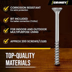 #8 x 1 5/8’’ Stainless Steel Wood Screws by Grindy (200pack/1.1LBS) – Self-Drilling Deck Screws I Rust Resistant I Quick Drive & Fast Grip I for Cabinet, Furniture & Other Projects I Bit Included