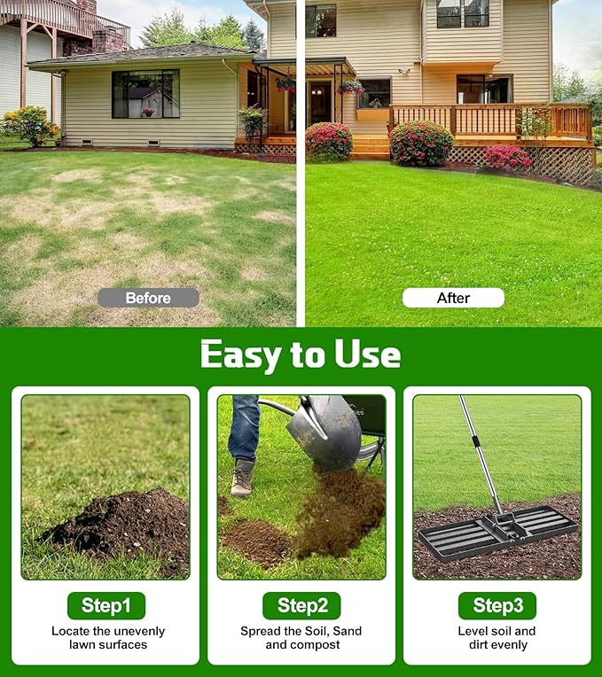 Lawn Leveling Rake, 30x10 Inch Heavy-Duty Levelling Rake with 6.2FT Adjustable Stainless Steel Handle, Lawn Leveler Tool for Yard, Garden, Golf Course, Farm Pasture