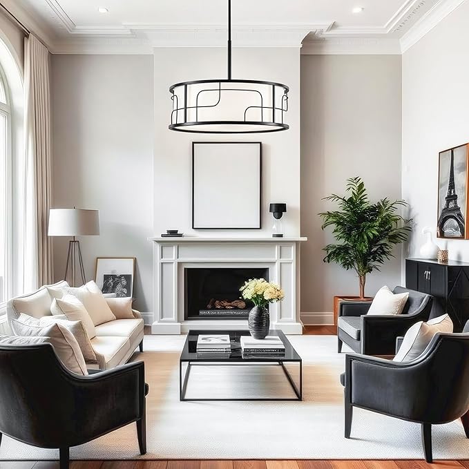 Drum Chandelier - Black and White Linear Design Adjustable Pendant Light for Dining Room, Kitchen Island, Living Room, Foyer (19.68", 5 Lights)