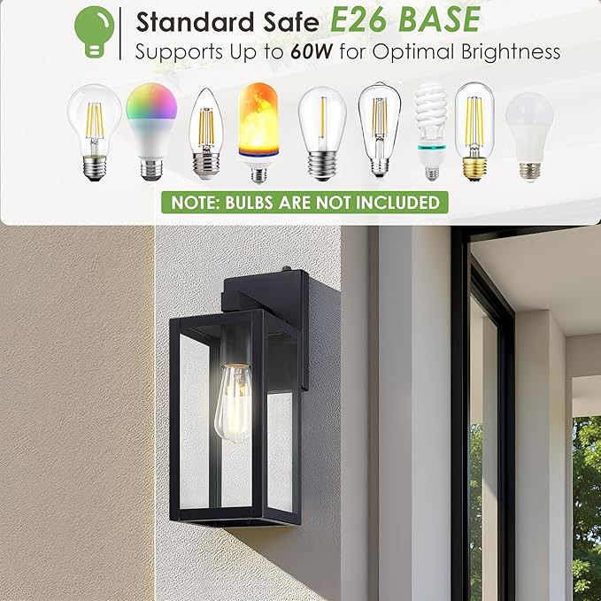 GRUENLICH Dusk to Dawn Large Outdoor Wall Lantern, Wall Sconce as Porch Lighting Fixture, E26 Base Max 60W, Metal Housing with Glass Shade (Black, 1-Pack)