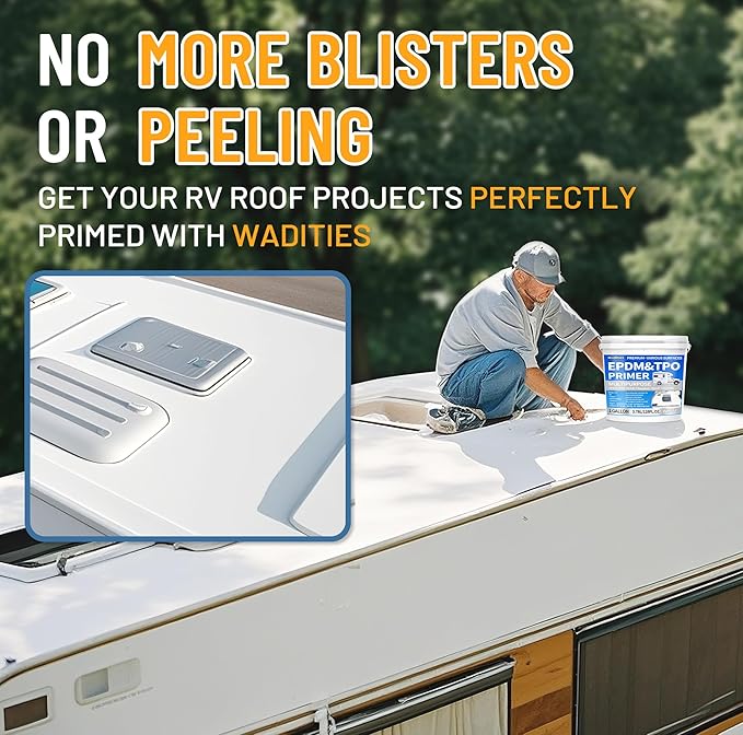 EPDM and TPO Primer White, Multi-Purpose RV Roof Primer, Use on Rubber, Wood, Fiberglass, Concrete, Metal, High-Performance Basecoat for RV, Camper and Trailer Roof Protection - 1 Gallon