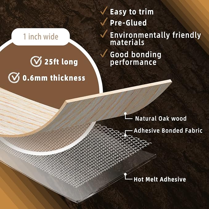 GSCIT Club Oak Edge Banding, 1 inch x 25ft roll of Veneer Edge Banding -Pre-glued Flexible, Real Wood Tape Banding for Cabinet Repair Furniture Restoration