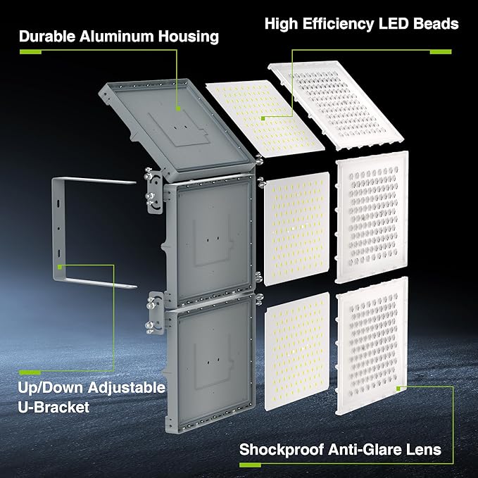 STASUN 900W LED Flood Light, Mini Series Stadium Lighting, 90000LM 6000K Daylight White, IP66 Waterproof, 3 Adjustable Panels, Outdoor Floodlight for Football, Basketball Court, Tennis, Soccer Field