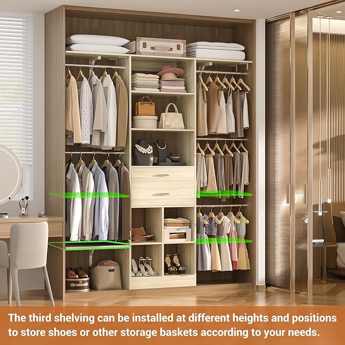 Small Closet System - 5FT Closet Organizer System with Wooden Drawers, 60 Inches Walk In Closet System With 5 Hanging Rods, Can Fit 1.58 to 6.8 FT with Reversible Hanging Shelving, Greige Oak