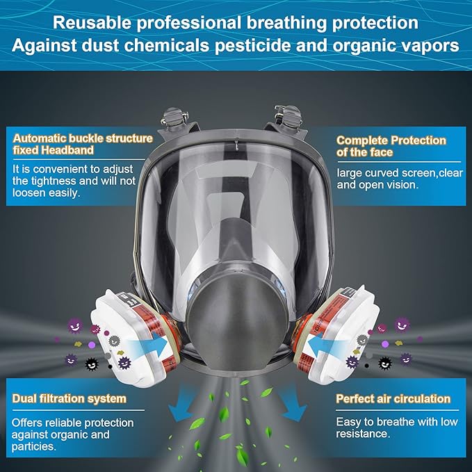 Reusable Respirator full Face Gas Cover, Organic Vapor Mask and Anti-fog, for Painting, mechanical polishing, logging, welding, Against Dust, Staining, Sanding & Cutting