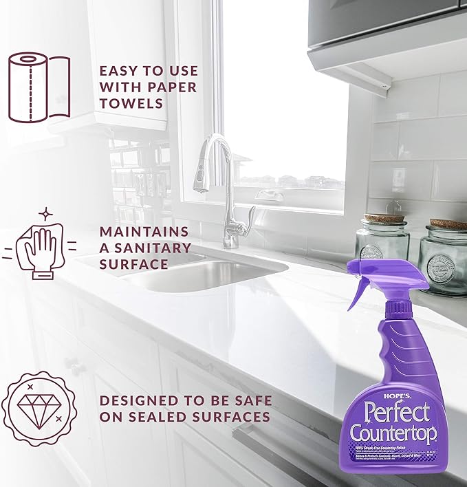 HOPE'S Perfect Countertop Cleaner and Polish 22-Ounce, Streak-Free Multi-Surface Cleaning Spray, Safe on Stone, Laminate, CORIAN, Granite, Quartz, Marble, Pack of 2