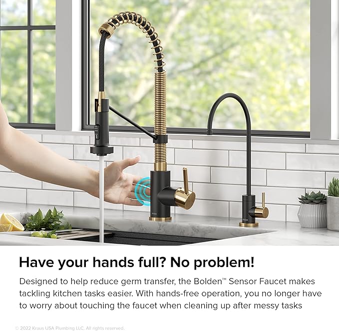 KRAUS Bolden Touchless Sensor Commercial Style 2-Function Single Handle Pull Down Kitchen Faucet in Brushed Brass/Matte Black, KSF-1610BBMB