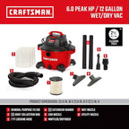 CRAFTSMAN CMXEVBE17594 12 Gallon 6.0 Peak HP Wet Dry Vac, Portable Shop Vacuum Wet and Dry with Filter, 3 Dust Bags, Muffler/Diffuser, Hose and Attachments for Home Projects & Renovations