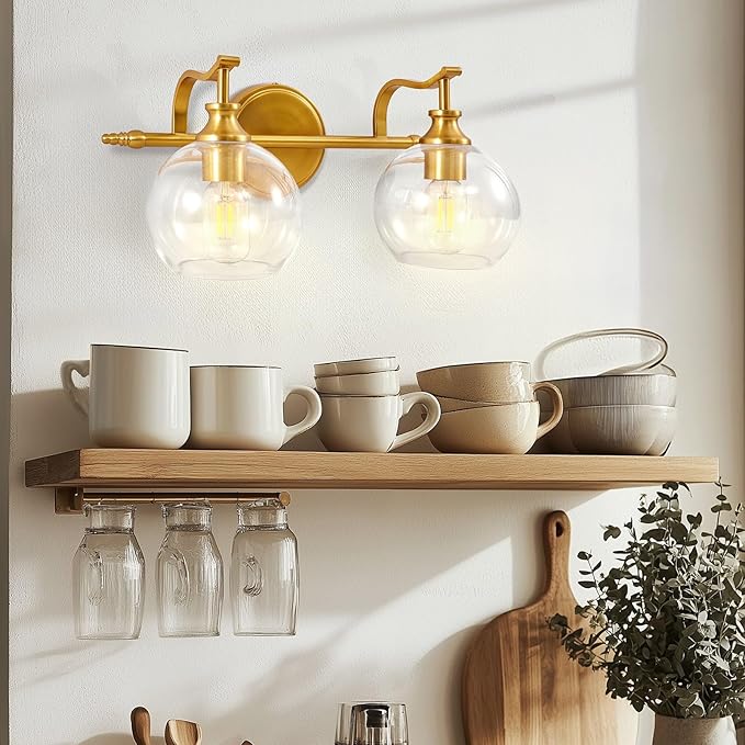 ANDY STAR 2 Light Bathroom Vanity Light, Brushed Gold Bathroom Light Fixtures, Wall Lighting with Clear Globe Glass Shades, Brass Wall Sconce for Living Room, Bedroom, Hallway