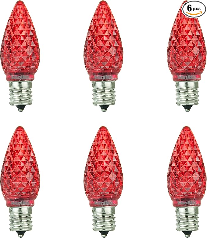Sunlite 80707 LED C9, Holiday Decorative Light Bulb, 0.4 Watts, E17 Intermediate Base, Faceted Christmas-Lights; Nightlight, Red, 6 Count