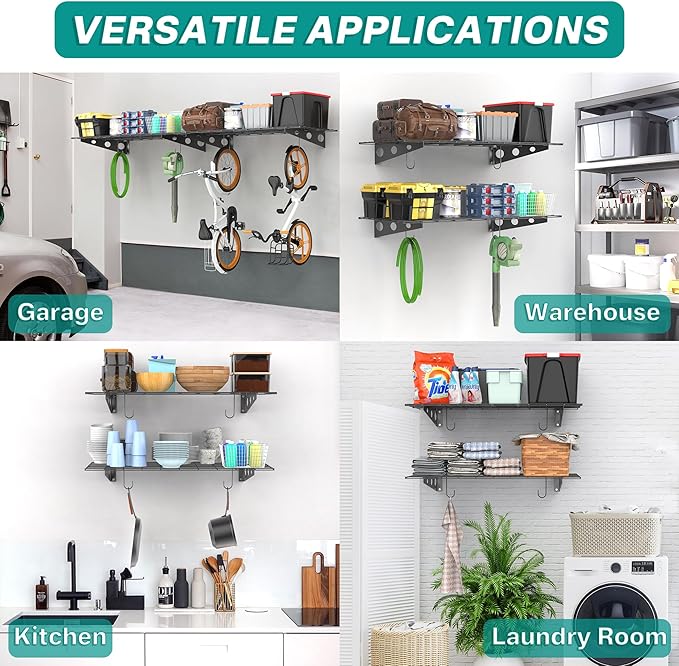 EVERHANGER Wall Mounted Garage Wall Shelves, 2 x 4 ft Metal Storage Shelves, Heavy Duty Wall Shelving with Hooks, Holds Up to 220 Lbs, Black