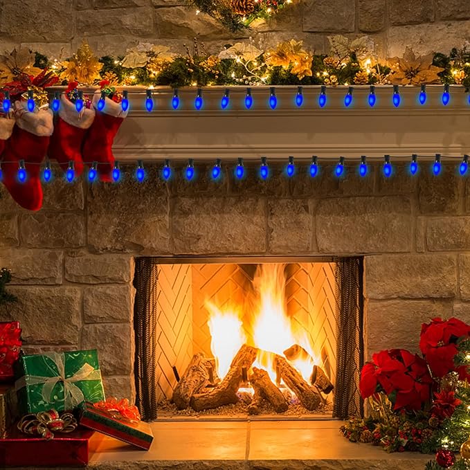 25 Pack C9 Christmas Replacement Light Bulbs, Blue Ceramic Bulbs C9 Vintage Christmas Light for Outdoor Patio Indoor String Lights, C9/E17 Intermediate Base, 7 Watts Night Light, 120 Volt-Bule