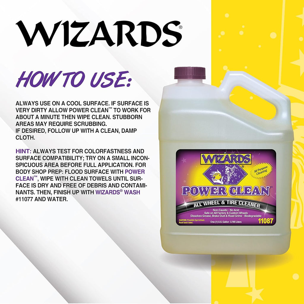Wizards Power Clean Wheel and Tire Cleaner - Non Caustic and No Acid Biodegradable Interior Cleaning Supplies - Safe on All Kinds of Wheels - Dissolves Grease, Brake Dust and Road Grime - 1 Gallon