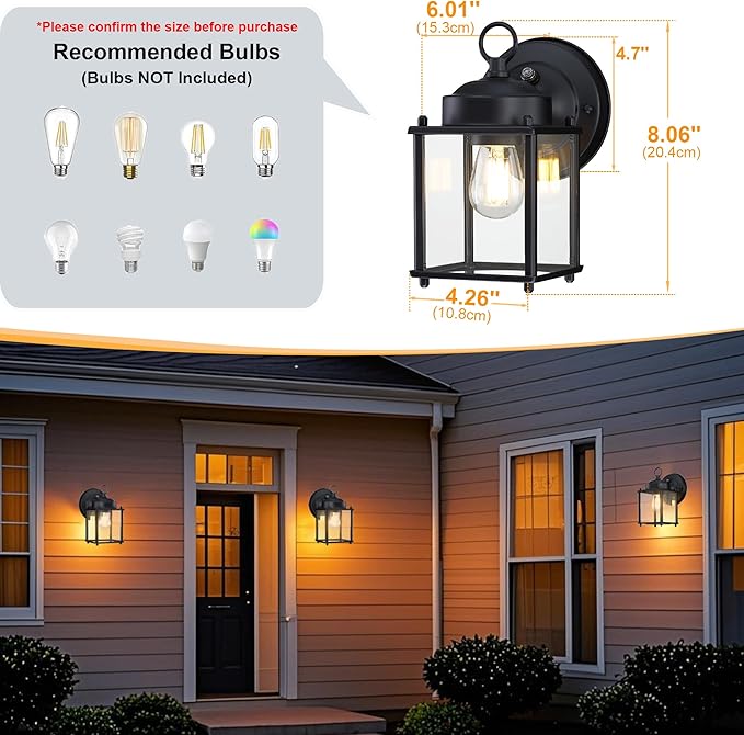 GRUENLICH Dusk to Dawn Outdoor Wall Lantern, Exterior Wall Sconce Light Fixture, Outside Porch Lighting with Clear Glass for House, Patio, Matte Black, 2 Pack