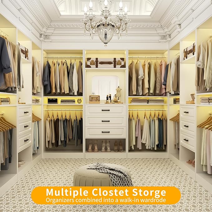 Unikito 75" Modular Closet Organizer System with Mirror & Drawers, 3-in-1 Freestanding Wardrobe Tower with Adjustable Shelves & Hanging Rods, Heavy-Duty Bedroom Storage for Walk-in Closets, White