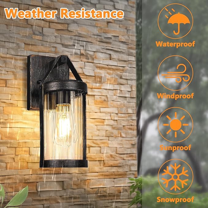 2-Pack Outdoor Wall Lights, Waterproof Outside Light Fixtures Wall Mount with Clear Ribbed Glass, Modern Bronze Exterior Wall Sconce Front Porch Lights for House, Patio, Garage, Bulbs Not Included